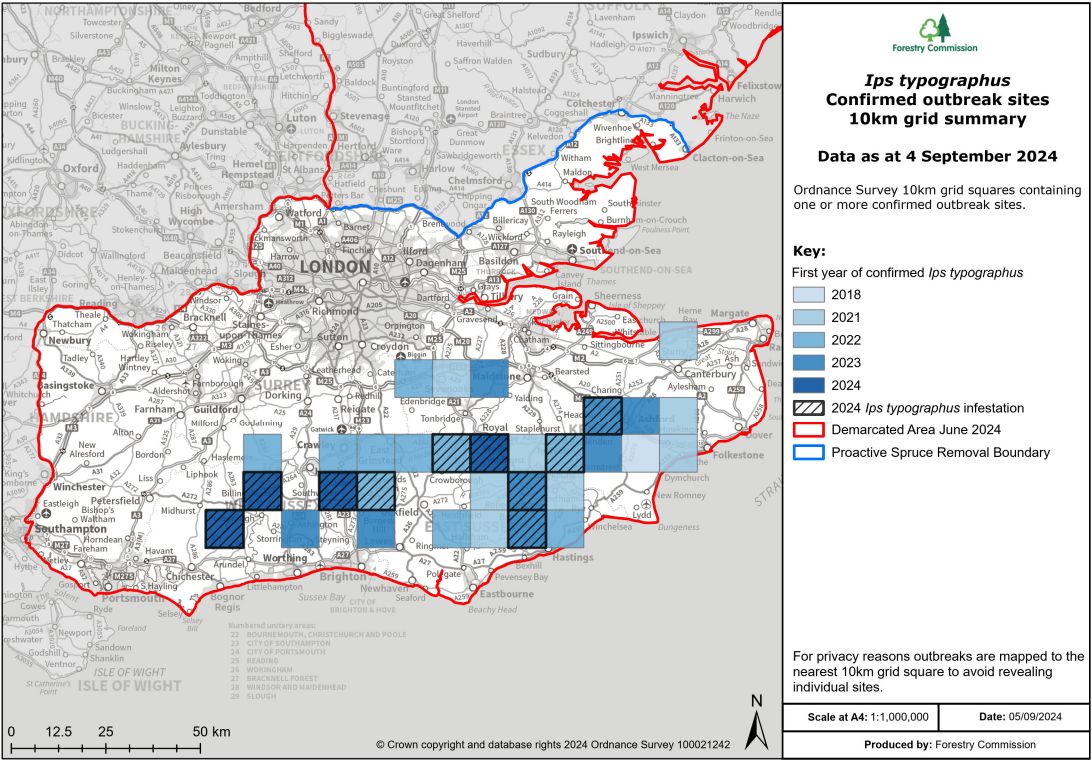 A map showing Ips Typographus confirmed outbreak sites in a 10km grid summary