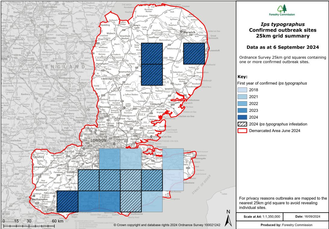 A map showing Ips Typographus confirmed outbreak sites in a 25km grid summary